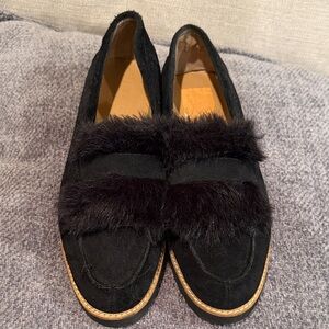 Franco Sarto Leather Upper Black Fur-Trimmed Loafers